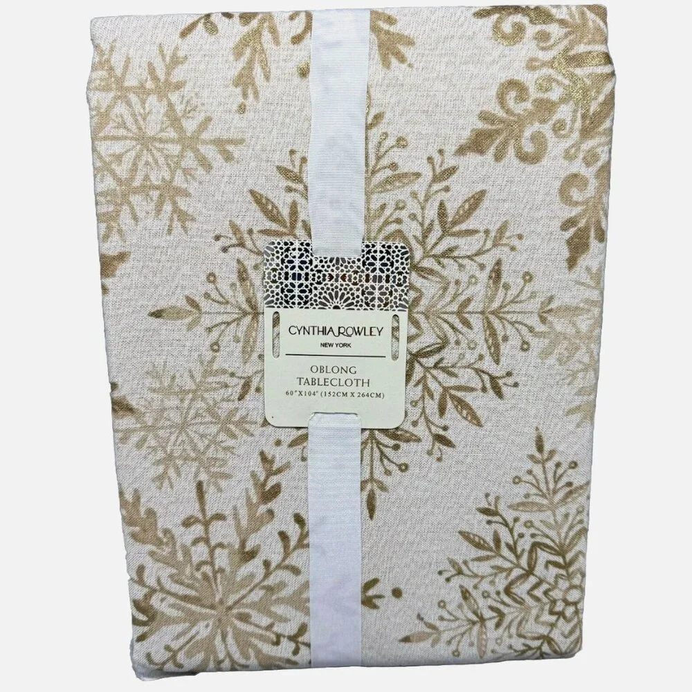 Cynthia Rowley Ornate Gold Snowflake Tablecloth 60x104 Sparkle Christmas Holiday
